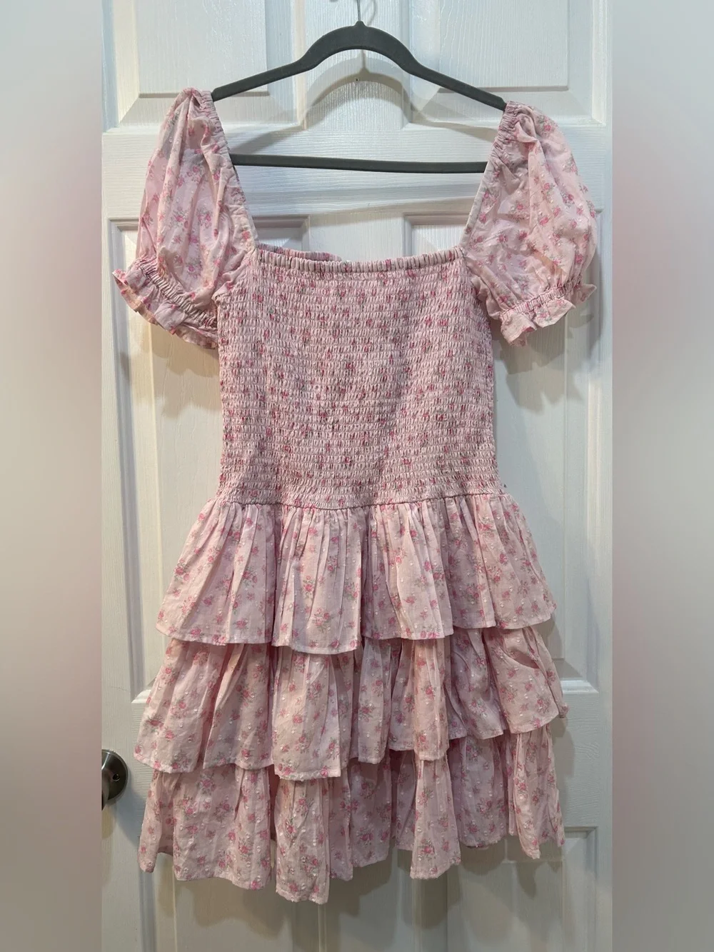 Altar’d State Pink Micro Roses Puff Sleeve Mini Dress Sz L Smocked Cottagecore - Picture 1 of 8